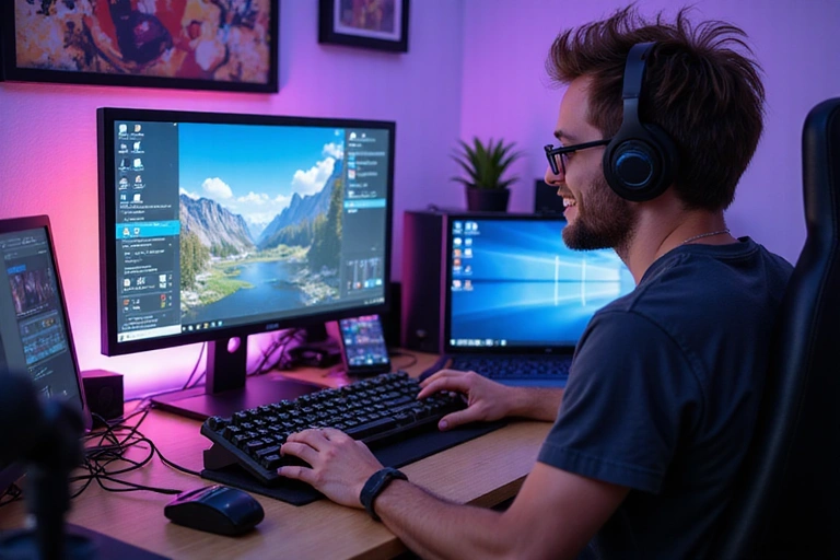 Personne utilisant un setup de streaming ergonomique