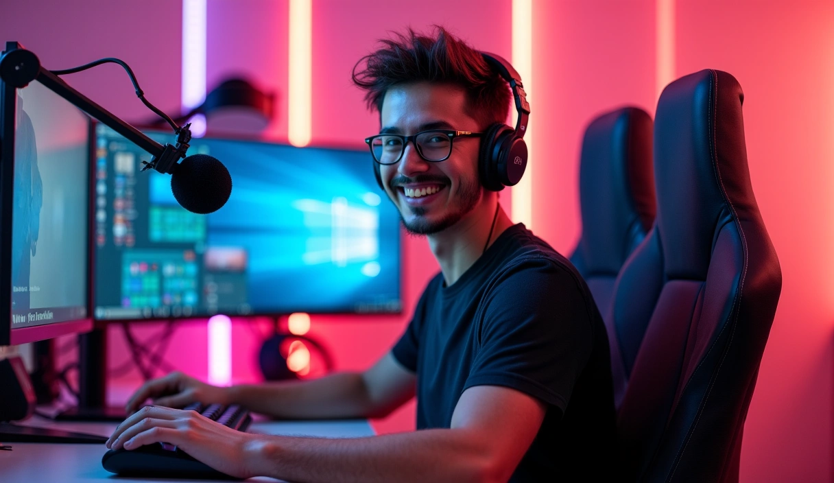 Un streamer souriant et confiant devant un setup de streaming professionnel avec des équipements FynoSpark.